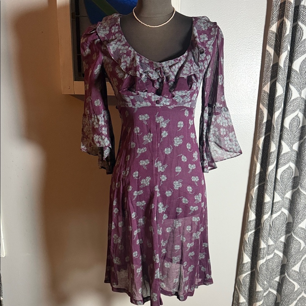 Deep Purple Floral Semi Sheer Ruffle Fit & Flare Mini Dress